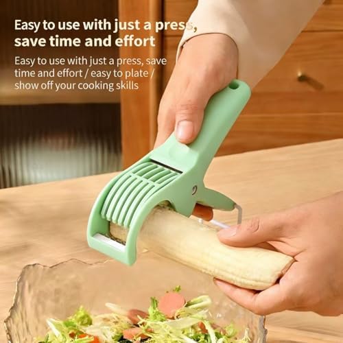 Manual Food Slicer, Stainless Steel Kitchen Cutter Ideal for eggs, strawberries, kiwis, and mushrooms Effortless press-and-slice design Space-saving hanging hook (Green) - Image 2