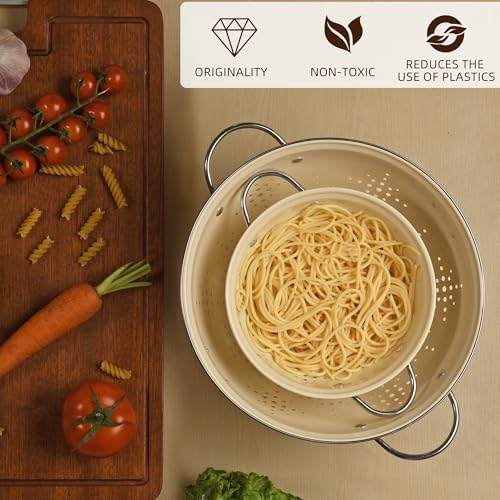 Metal Colander 2 Pack, Strainer Bowel with Handles 2Qt & 6Qt Powder Coated Solid Ring Base Heavey Duty Kitchen Drainer Basket for Pasta Veggies and Fruits,New Home Apartment Essentials (Almond Cream)