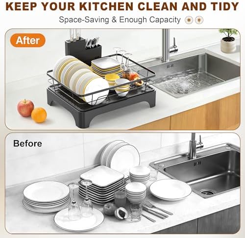 Large Dish Drying Rack with Automatic Dish Drying Rack for Kitchen Counter, Rustproof Stainless Steel Dish Drainer with Cutlery Holder, Over Sink Organizer (17" x 13.4", Black)
