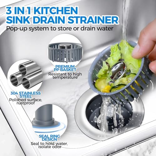 3 in 1 Kitchen Sink Stopper Strainer Basket Pop-Up Removable 2 Pack