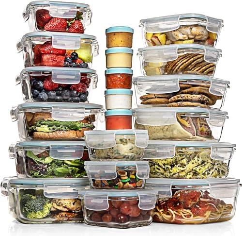 35 Pc Set Glass Food Storage Containers with Lids - Meal Prep Airtight Bento Boxes BPA-Free 100% Leak Proof (15 lids,15 glass & 5 Plastic Sauce/Dip Containers)