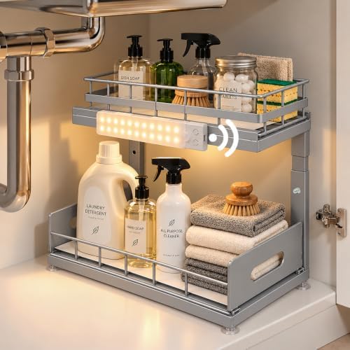 Under Sink Organizer with Motion Sensor LED, Pull-Out Home Organizers