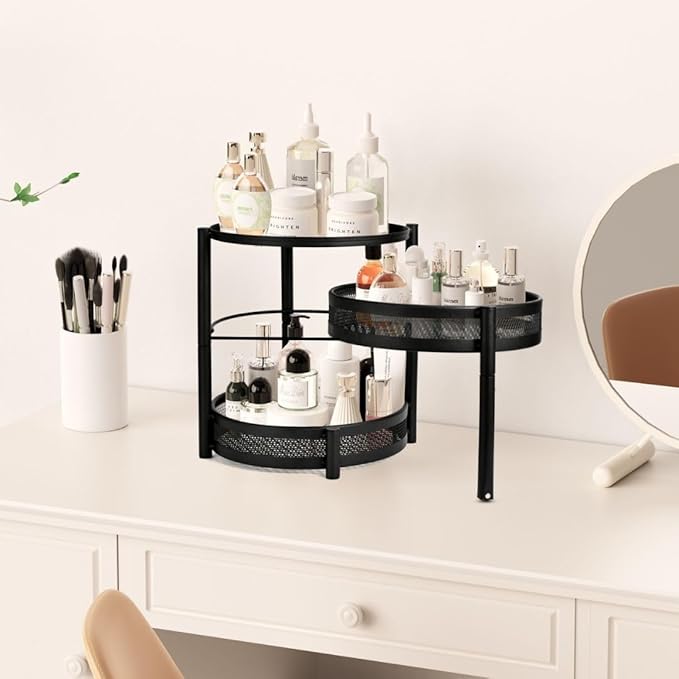 IBERG 3 Tier Spice Organizer with Rotating Middle Tier, Space Saving Kitchen Countertop Rack, Metal Pantry Organizer for Spices, Jars & Seasoning (Black)