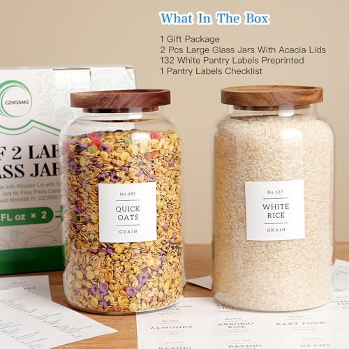 Set of 2 Large Glass Jar with Airtight Acacia Lid and 132 Kitchen Pantry Labels, Clear Glass Food Storage Jars Containers for Rice Flour Pasta Sugar Coffee Cookie and More(98 Fl Oz/2800 Ml)