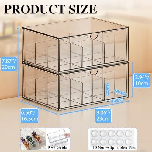2 Pack Tea Bag Organizer, Tea Bag & Coffee Pod Drawer Storage with 9 Grid, Acrylic Stackable Holder Organizer for Cabinet Countertop | Drawer Container Storage Bins for Kitchen (9+9 Grid)