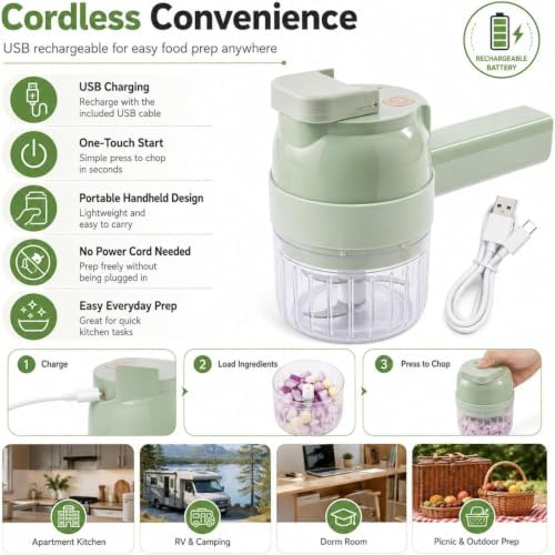 Multi Blade Chopper, 4 in 1 Handheld Electric Vegetable Cutter, Hand Held Chopper, Chopping Slicing Grating Whipping, Food Grade with Cleaning Brush for Garlic Onion Vegetables，1PC - Image 4
