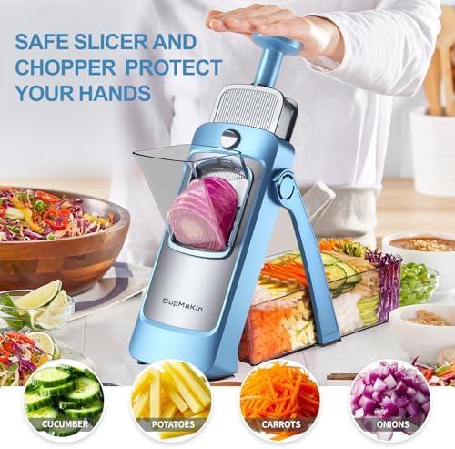 SupMaKin Upgrade Safe Mandoline Slicer,Multi Vegetable Chopper,Potato Slicer, Onion Chopper with Drain Basket Storage Container, Cheese Grater Kitchen Chopping Artifact (BlueGray) - Image 2
