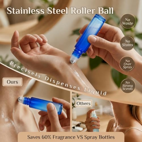 PrettyCare 24 Pack, 10 ml Essential Oil Roller Bottles with Stainless Steel Roller Ball - Refillable Leak-proof Empty Thick Blue& Yellow Glass Roll on Bottles with Golden Caps for Travel, Perfume - Image 3