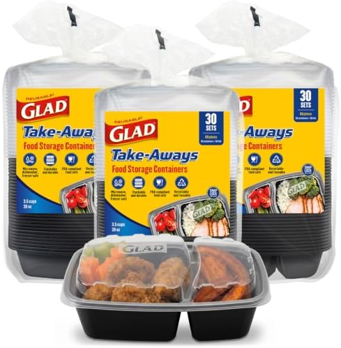 Take-Aways 28 oz 2-Compartment Food Storage Containers, 90 Pack, Snap-Seal Lids, Made in North America, Microwave, Freezer & Dishwasher Safe