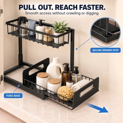 Under Sink Organizer, 2-Tier Pull-Out Metal Drawer, 2 Pack