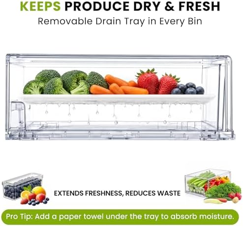 6Pack Fridge Organizers and Storage with Drain Trays,BPA-Free PET,Stackable