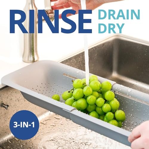 Over Sink Colander, Extendable Kitchen Strainer, Grey