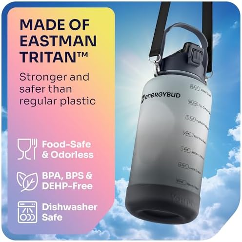 1 Gallon Water Bottle With Straw Dishwasher-Safe BPS & BPA Free, 2 Cleaning Brush Motivational 128oz Water Jug with Time Markers, Wide-Mouth Tritan, Gym & Exercise Equipment(Clear & Black)