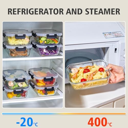 8 Pack 36OZ Glass Food Storage Containers with Lids, Meal Prep Containers, Airtight Bento Boxes with Leak Proof Locking for Microwave, Oven, Freezer and Dishwasher, BPA Free