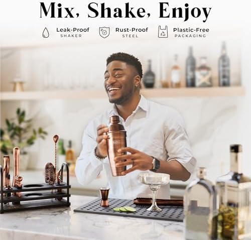 Mixology Bartender Kit Bar Set | 14-Piece Cocktail Shaker Set | Martini Barware Mixing Tools for Home Bartending | 35 Recipe Cards | Gift Set (24oz Cobbler Shaker, Copper/Black)