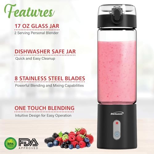 Brentwood 50-Watt 17-Oz. Portable Battery-Operated USB-Chargeable Glass Blender (Black) - Image 4