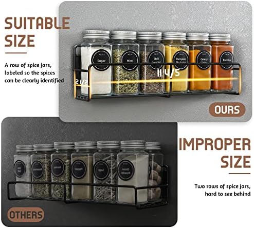 Magnetic Spice Rack, 4 Pack, 24 Square Glass Jars with Lids, Quick-Find Pre-Printed Labels, Funnel, Space Saver, Refrigerator and Microwave Oven Organizer