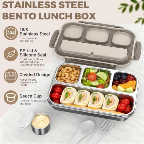 Stainless Steel Bento Box Adult, Leakproof Metal Lunch Box Containers 4 Compartments, 32 Oz Reusable Food Storage Containers for Office and Work, Brown