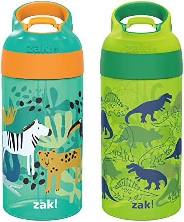 16oz Riverside Kids Water Bottle with Spout Cover and Built-in Carrying Loop, Made of Durable Plastic, Leak-Proof Water Bottle Design for Travel (Dino Camo & Safari, Pack of 2)