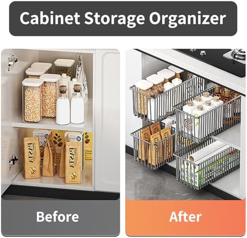 Pull Out Cabinet Organizers 2 Pack, Black Metal Storage Basket