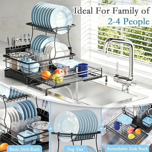 2 Tier Dish Drying Rack, Large Extendable Dish Racks for Kitchen Counter, Dishrack with Drainboard, 2-in-1 Anti-Rust Stainless Steel Dish Drainer with Utensil Holder (Black, double of Dish Rack)