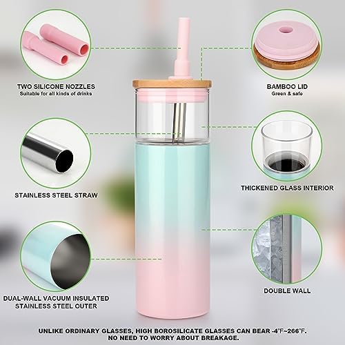20 oz Vacuum Insulated Glass Tumbler with Lid and Straw - Keeps Drinks Cold for 12 Hrs - Reusable Glass Cup for Iced Coffee, Smoothies & Boba - Sweat & BPA Free, Dishwasher Safe, Fit Car Holder
