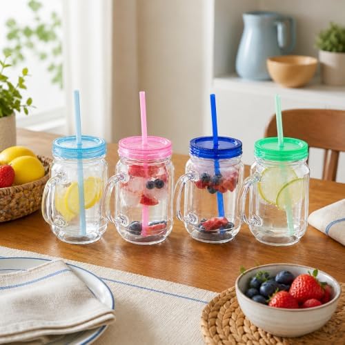 Plastic Mason Jars with Handles, Lids and Straws | 20 oz Double Insulated Tumbler with Straw | 4 Pack Set of 4 | Wide Mouth Mason Jar Mugs | Cups for Kids and Adults…