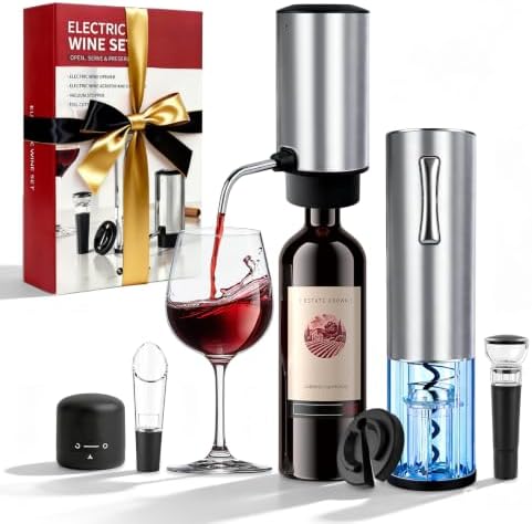 7-in-1 Electric Wine Opener & Aerator Set, Rechargeable Automatic Corkscrew, Wine Aerator, Vacuum Stoppers, Dispenser, Foil Cutter, Gift for Wine Lovers, Housewarming, Birthday, Wedding or Anniversary