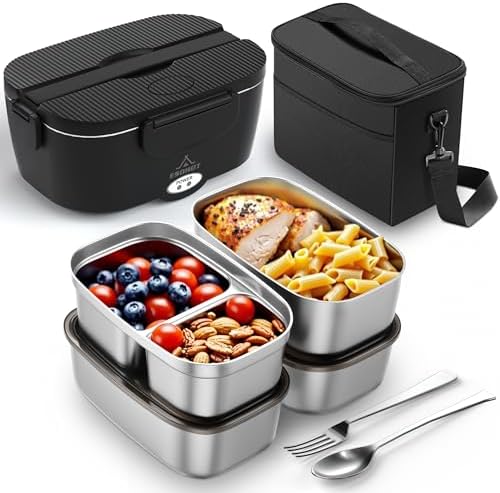Heated Lunch Box,120W Electric Lunch Box for Adults with 1.5L 304 Stainless Steel Container, 12V/24V/110V Lonchera Eléctrica Portátil for Travel,Work,Car,Truck (Pure Black, 1.5L x 4)