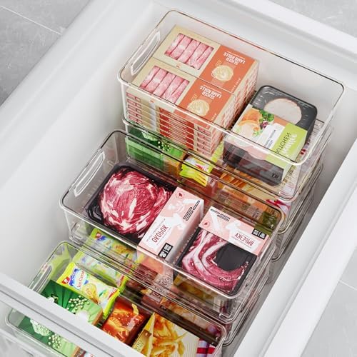 8 PACK Freezer Organizer Bins Fridge Organizers and Storage Stackable Refrigerator Organizers Bins with Side Handles Clear Storage Bins for Pantry, Under Sink, Kitchen Cabinet