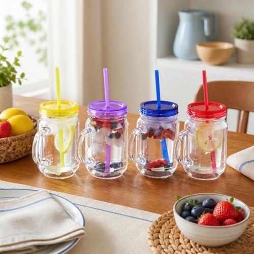 Plastic Mason Jars with Handles, Lids and Straws | 20 oz Double Insulated Tumbler with Straw | 4 Pack Set of 4 | Wide Mouth Mason Jar Mugs | Cups for Kids and Adults…