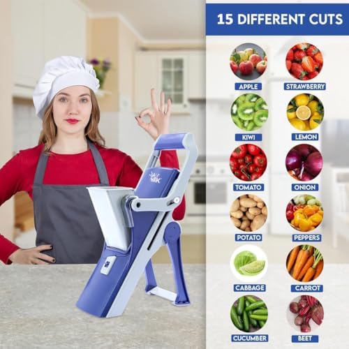 F K FOREVERKITCHEN Versatile Vegetable Cutter - 15 Different Cuts | Adjustable Vegetable Chopper for Kitchen Use | Mandoline Slicer (Blue) - Image 3
