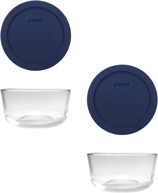 (2 7201 4-Cup Glass Bowls with (2) 7201-PC Blue Lids - Made in USA