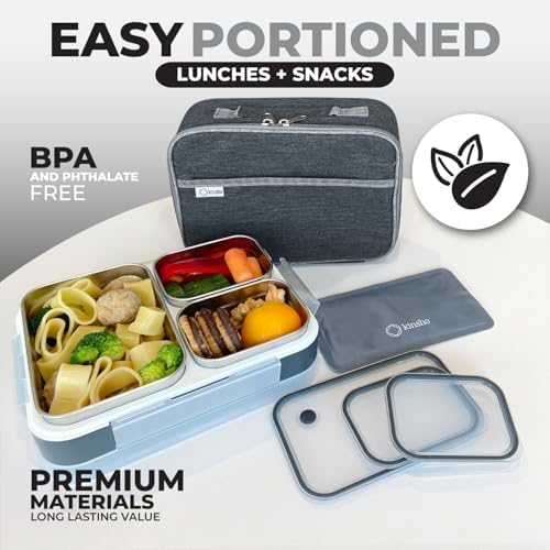 Stainless Steel Big Bento Lunch Box Set For Adults, Kids - Insulated Bag and Ice Pack - Large Leak-Proof Metal Compartment Meal Prep Food & Snack Containers for Work Travel School, 42 oz Grey Black