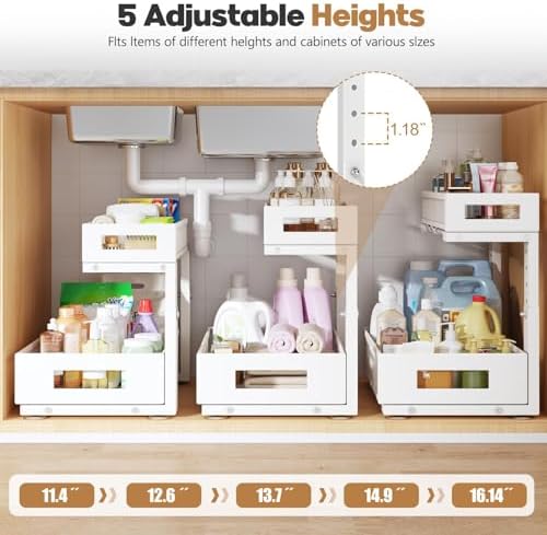 2-Pack Under Sink Storage Organizer, Large 2-Tier Elegant Mesh Pull Out Shelf for Kitchen and Bathroom Cabinet Organization, L-Shaped and Adjustable Height Design for Maximum Space Efficiency-White