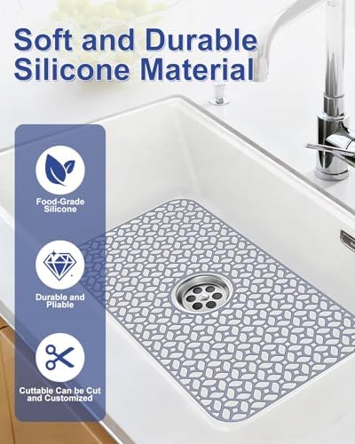 Silicone Sink Protectors for Kitchen Sink, 24.8"x12.9" Kitchen Sink Grid Accessory, Heat-Resistant, Non-Slip Silicone Grid Mat for Bottom of Stainless Steel & Farmhouse Sinks, Center Drain (Gray)