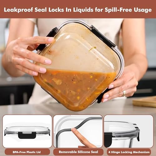 2 PC 1200ML / 41 Oz Glass Food Storage Containers with Lids - Airtight & Leakproof - Microwave/Oven/Freezer Safe - BPA Free - Ideal for Meal Prep, Storing Leftover & Lunch