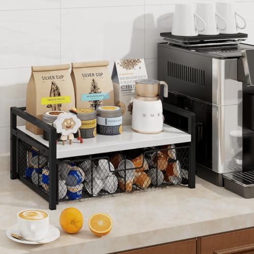 Tea Bag Organizer, Wood Tea Bag Holder with Storage Drawer, white