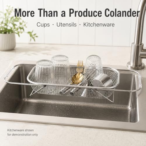 Expandable Over the Sink Colander, 14.6 x 10.6 Inch Stainless Steel Mesh Strainer Basket with Extendable Handles and Folding Feet for Washing Fruit, Vegetables and Draining Dishes, Large