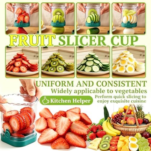 Hendiy Strawberry Slicer with Stainless Steel Blades | Egg & Fruit Slicer Cup for Banana, Cucumber, Mushroom | ABS Detachable Kitchen Gadget - Precision Berry Cutter Tool (Green, 1-Pack) - Image 4