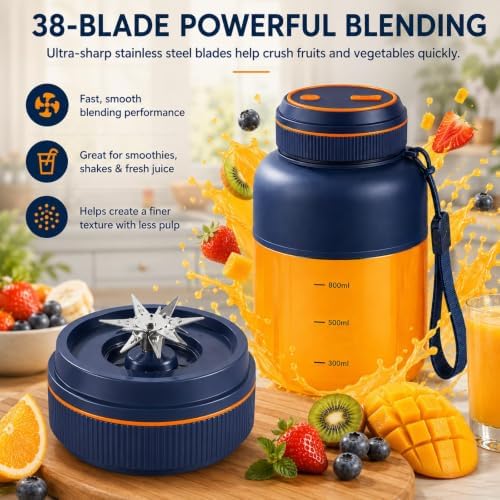 1300ML Wireless Juicer Cup, 180w Portable Wireless Juicer With 38 Blades, Usb Rechargeable Cordless Blender For Fruits Vegetables, On-The-Go Fresh Juice Cup (Blue) - Image 3