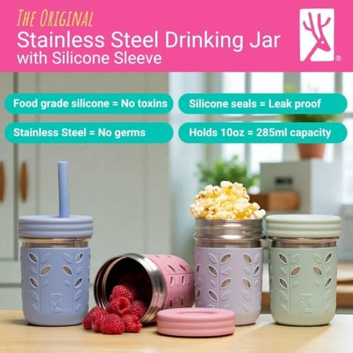 Kids 10oz Stainless Steel Mason Jars + Sleeves + Lids | 4pk