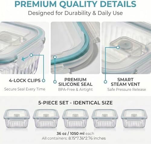 5-Packs, 36 Oz Glass Meal Prep Containers with Snap Locking Lids Glass Food Containers,Airtight Lunch Container,Microwave, Oven, Freezer and Dishwasher