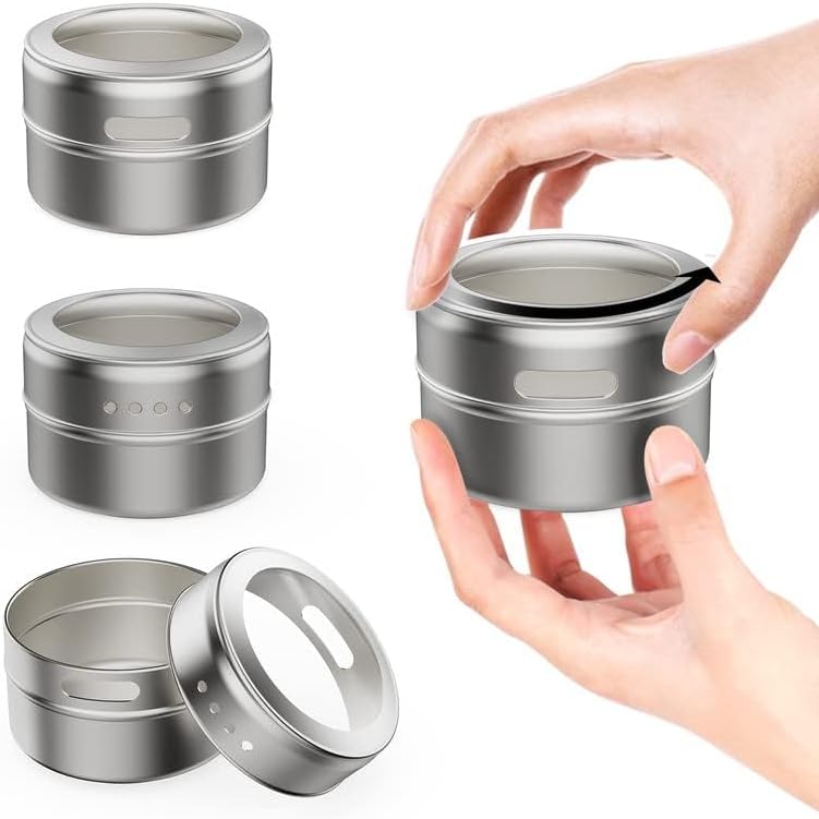 Set of 8 Magnetic Spice Tins with 2 Metal Wall-Plates,120 Preprinted Seasoning Label Stickers,2 Styles for 3 oz Herb Jars