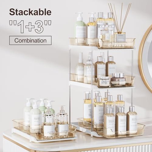2-Tier Multi-Purpose Bathroom Under Sink Organizers and Storage, Stackable Kitchen Pantry Organization, Pull Out Medicine Cabinet Organizer with Movable Dividers, Amber, 2 Pack