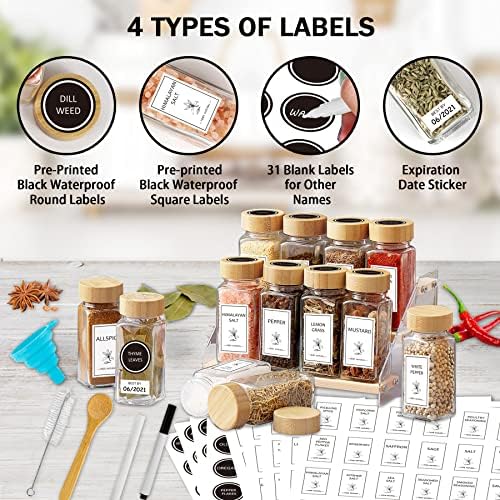 Spice Jars with Lable, 48 Pcs 4 oz Glass Spice Jars with Bamboo Lids, Spice Containers Bottles, Glass Seasoning Jars with Shaker Lids, Collapsible Funnel, for Spice Racks, Pantry,Cupboard
