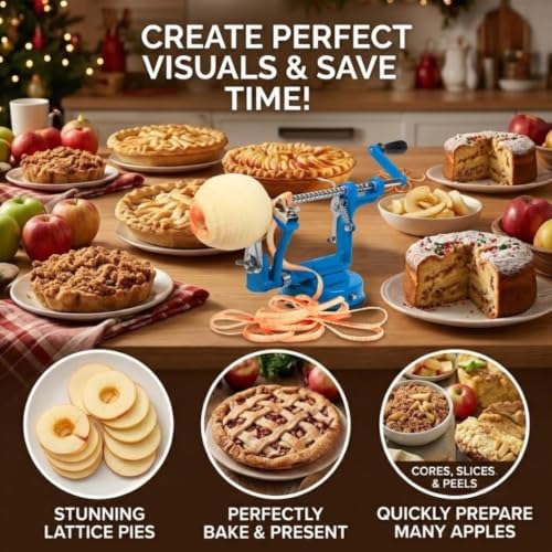 Apple Peeler Corer, Heavy Duty Chrome Cast Iron Suction Base Blue