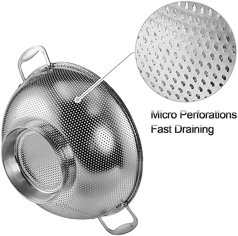 Large 6-Qt Colander, 18/8 Stainless Steel Mesh Strainer for Kitchen, Food Sieve with Riveted Handles and Self-draining Solid Ring Base, Great for Pasta, Rice, Vegetables and Fruits