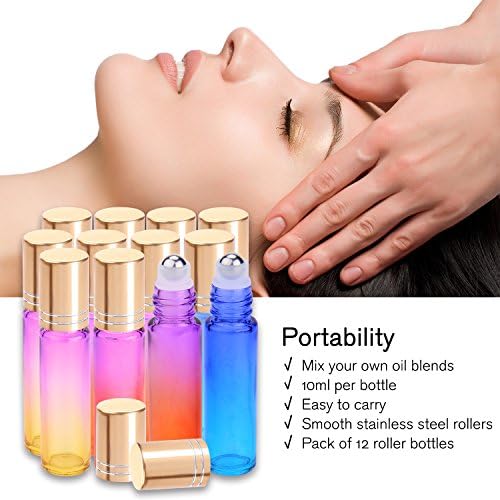 PrettyCare 12 Pack, 10 ml Essential Oil Roller Bottles with Stainless Steel Roller Ball - Refillable Leak-proof Empty Thick Rainbow Glass Roll on Bottles with Metal Caps for Travel, Perfume - Image 2