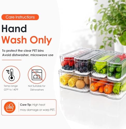 6 Pack Clear Fridge Organizer Bins with Drain Trays - Stackable